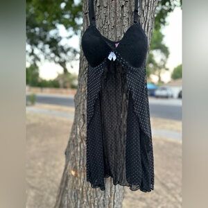 Black Polka Dot Split Front Lingerie Dress Y2K